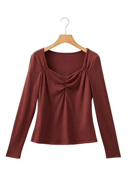 Old Rose Ruched Sweetheart Neck Ribbed Long Sleeve Top