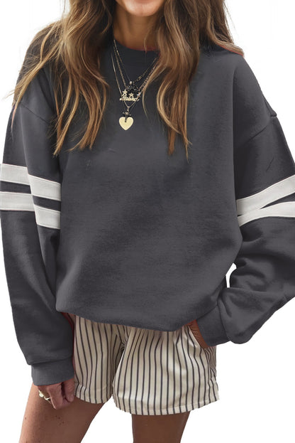 Coffee Preppy Striped Sleeve Loose Sweatshirt