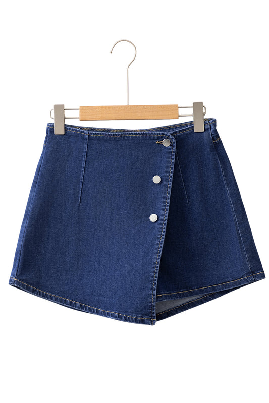 Bluing Asymmetric Wrapped Buttoned High Waist Denim Shorts