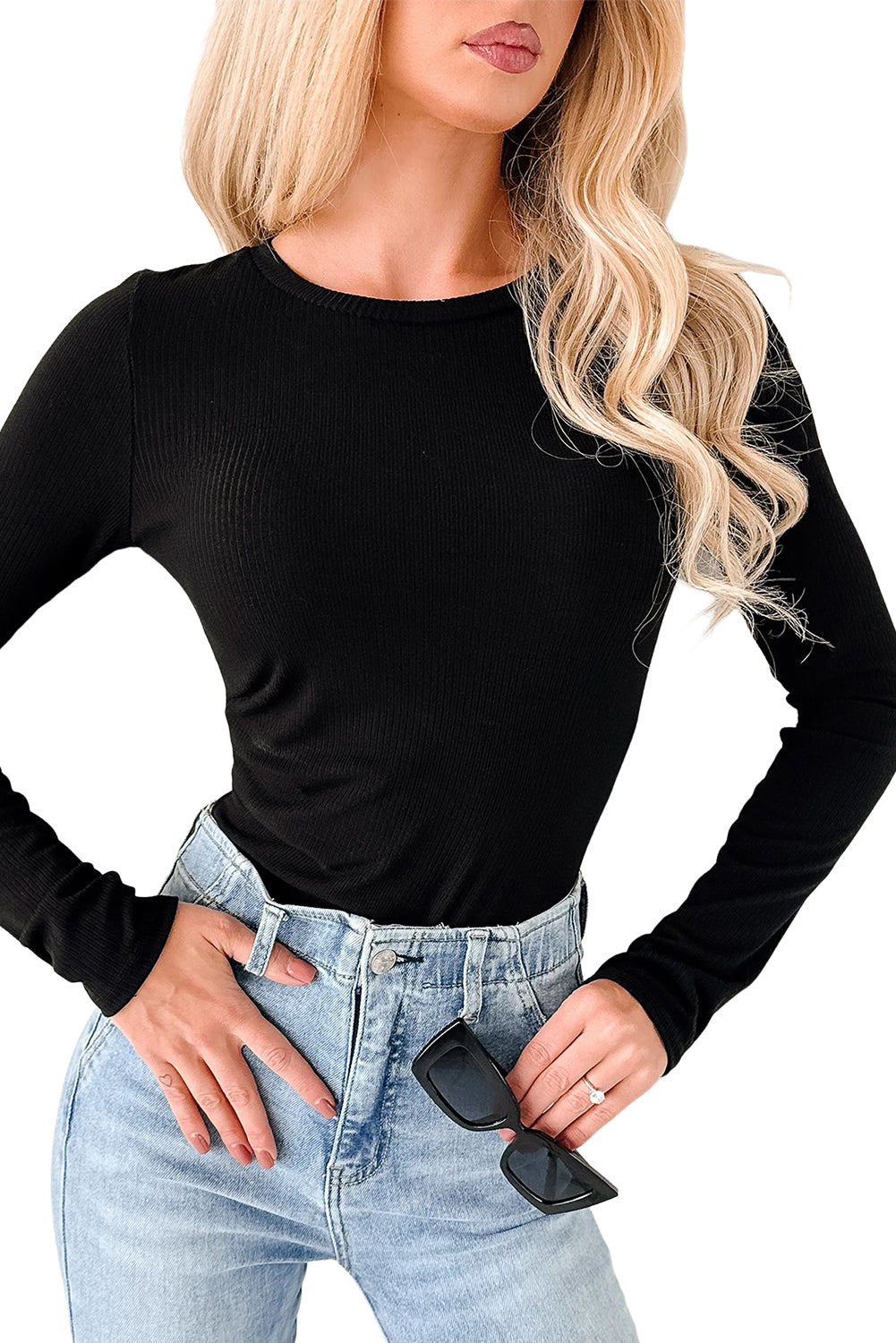 Black Ribbed Long Sleeve Crew Neck Solid Color Bodysuit
