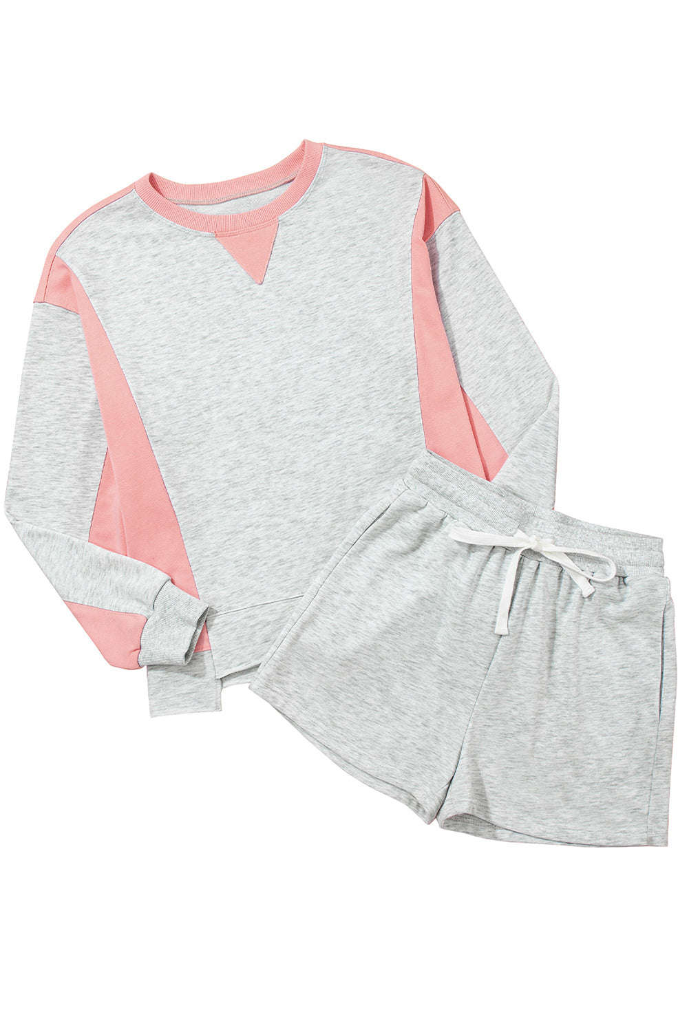 Light Grey Colorblock Raw Hem Pullover and Shorts Set
