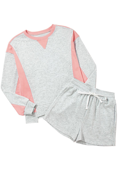 Light Grey Colorblock Raw Hem Pullover and Shorts Set