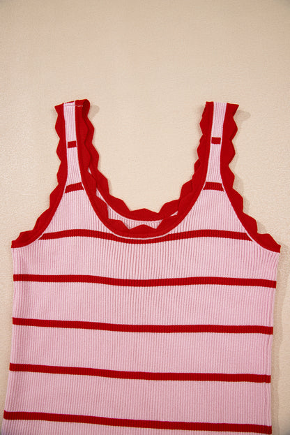 Bright Green Scalloped Edge Striped Ribbed Tank Top
