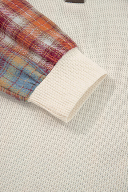 Straw Yellow Waffle Stripe Plaid Patchwork Henley Top