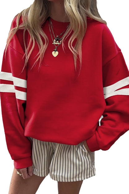 Coffee Preppy Striped Sleeve Loose Sweatshirt