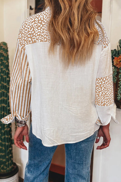 Khaki Leopard Striped Patchwork Button-up Shirt Shacket