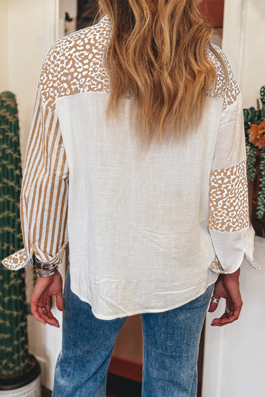 Khaki Leopard Striped Patchwork Button-up Shirt Shacket