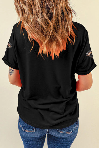 Khaki Turkey Sequin Patch Application Round Neck Graphic Tee
