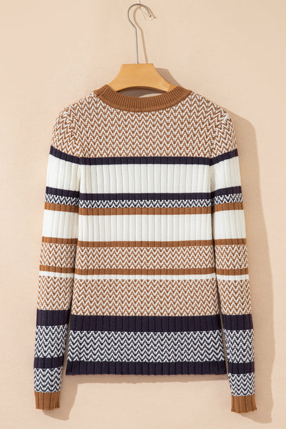 Brown Stripe Chevron Pattern Knitted Ribbed Trim Slim Fit Sweater