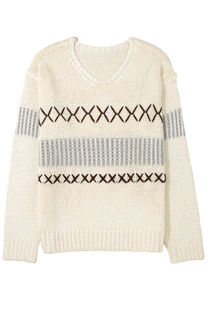 Parchment Contrast Stitch Detail V Neck Drop Shoulder Sweater