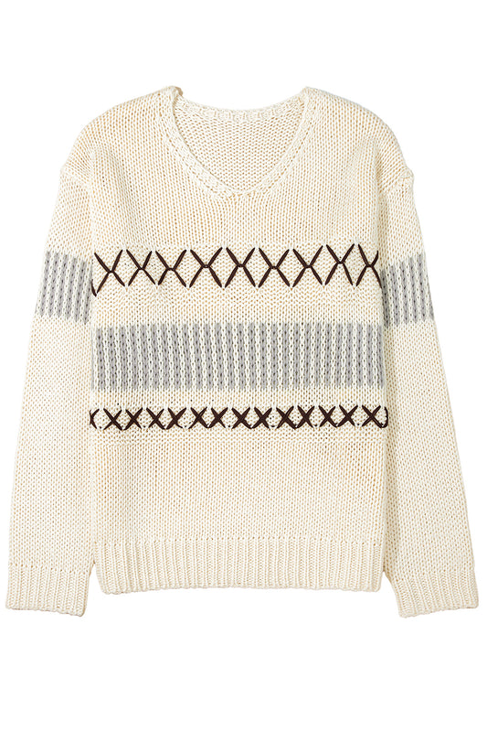 Parchment Contrast Stitch Detail V Neck Drop Shoulder Sweater